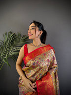 Elora Beige Silk Leheriya Meenakari Zari Weaves Dharmavaram Saree | Grocsy