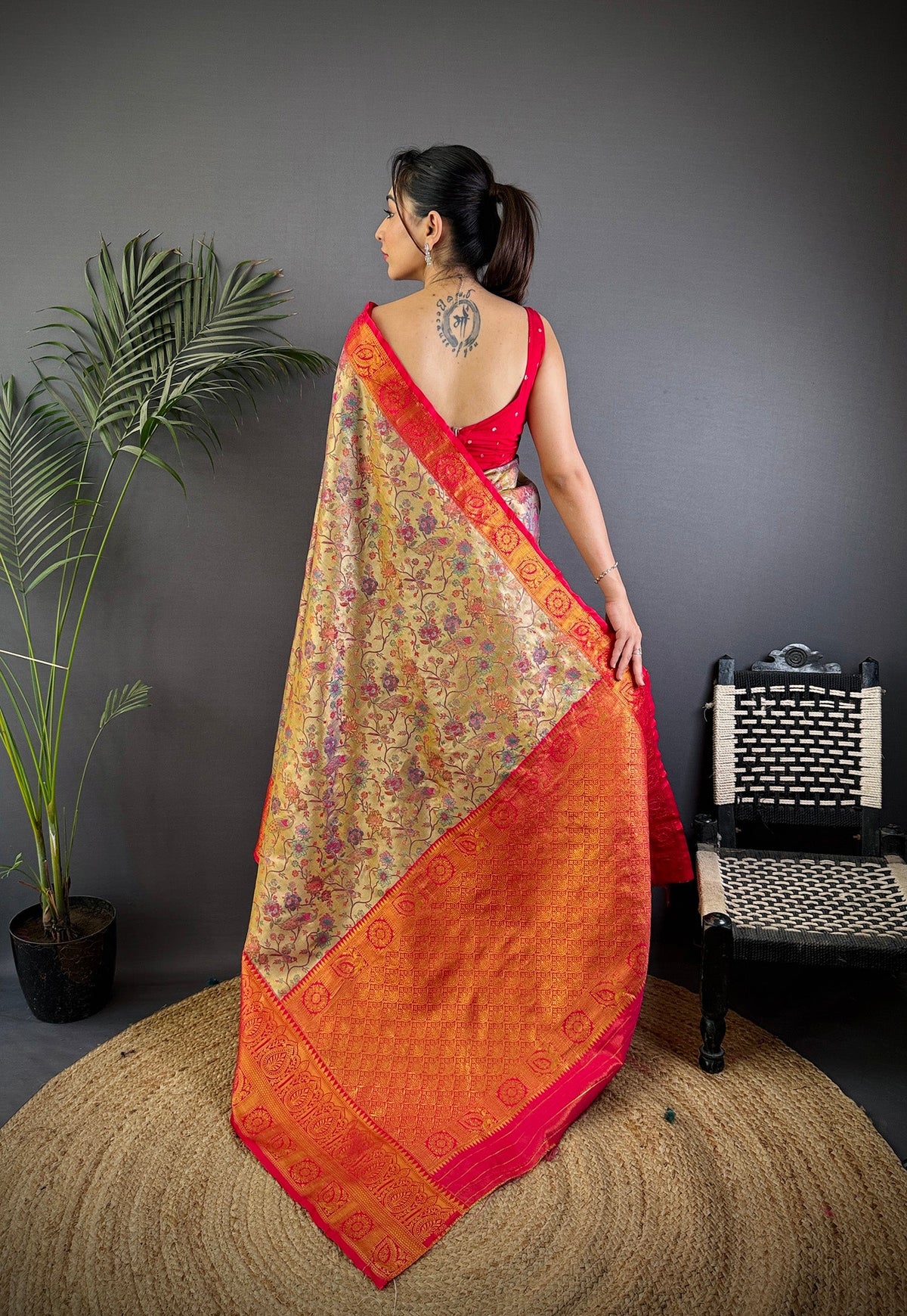 Elora Beige Silk Leheriya Meenakari Zari Weaves Dharmavaram Saree | Grocsy
