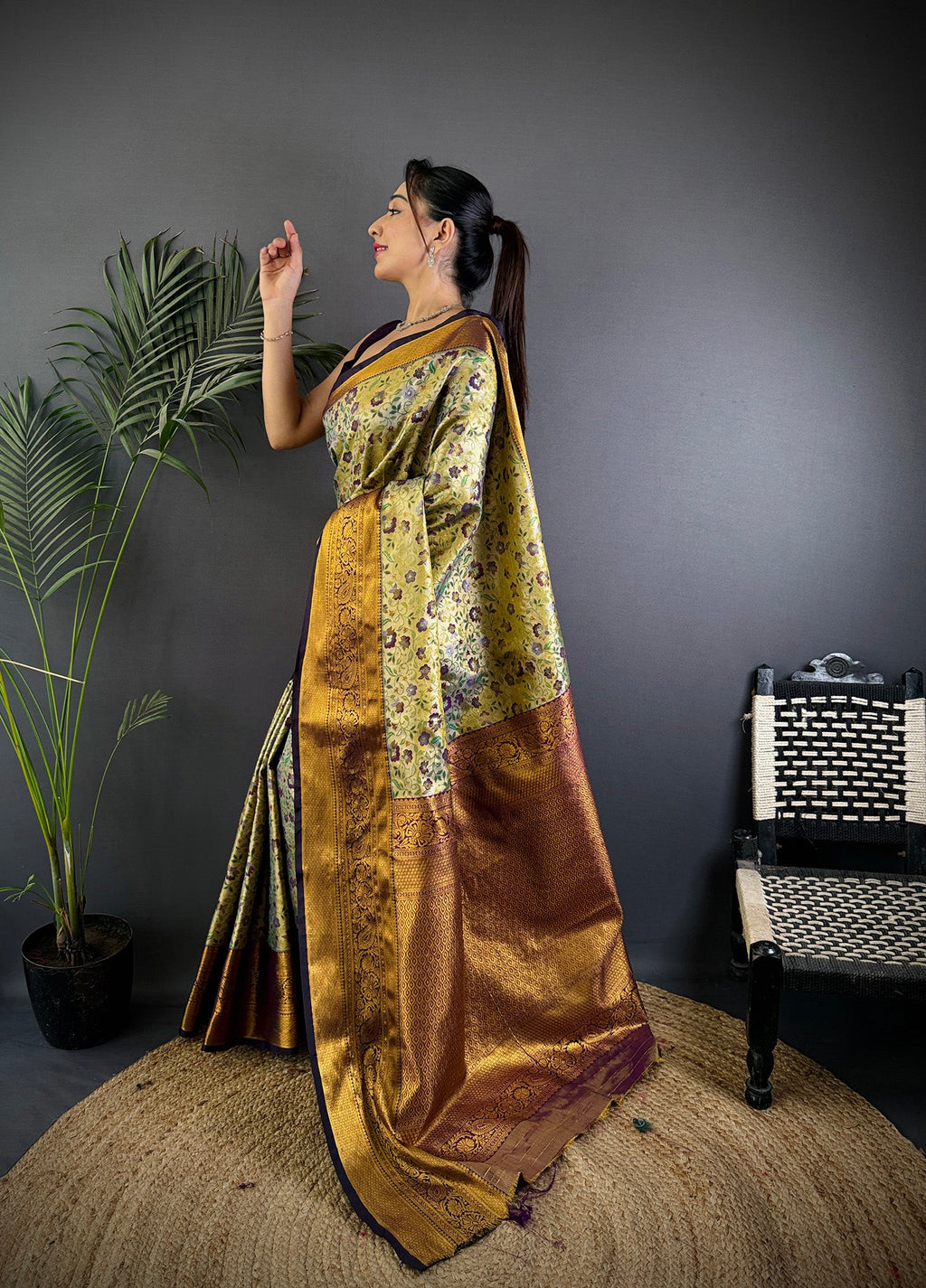Elora Green Silk Leheriya Meenakari Zari Weaves Dharmavaram Saree | Grocsy