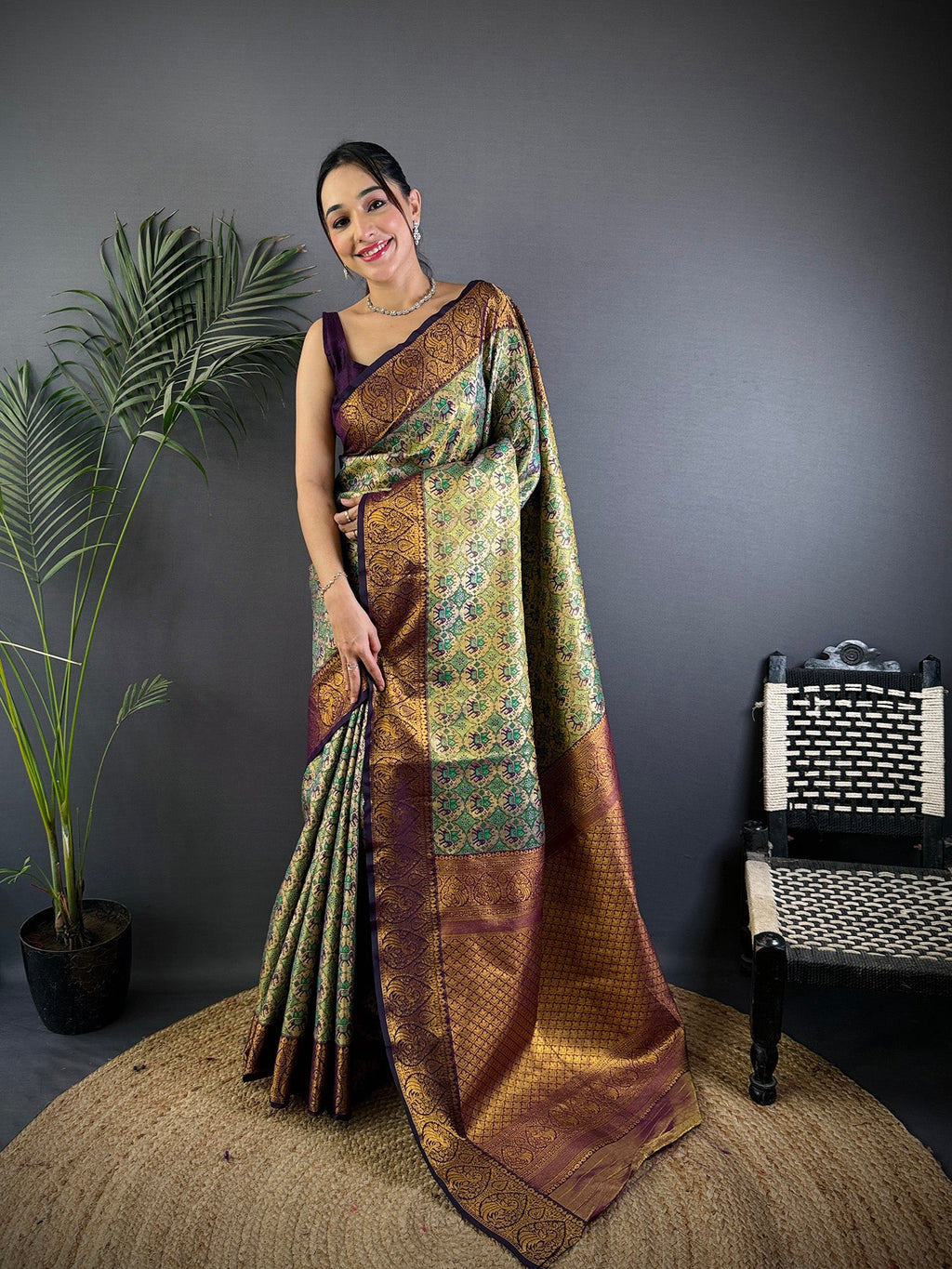 Elora Grey Silk Leheriya Meenakari Zari Weaves Dharmavaram Saree | Grocsy
