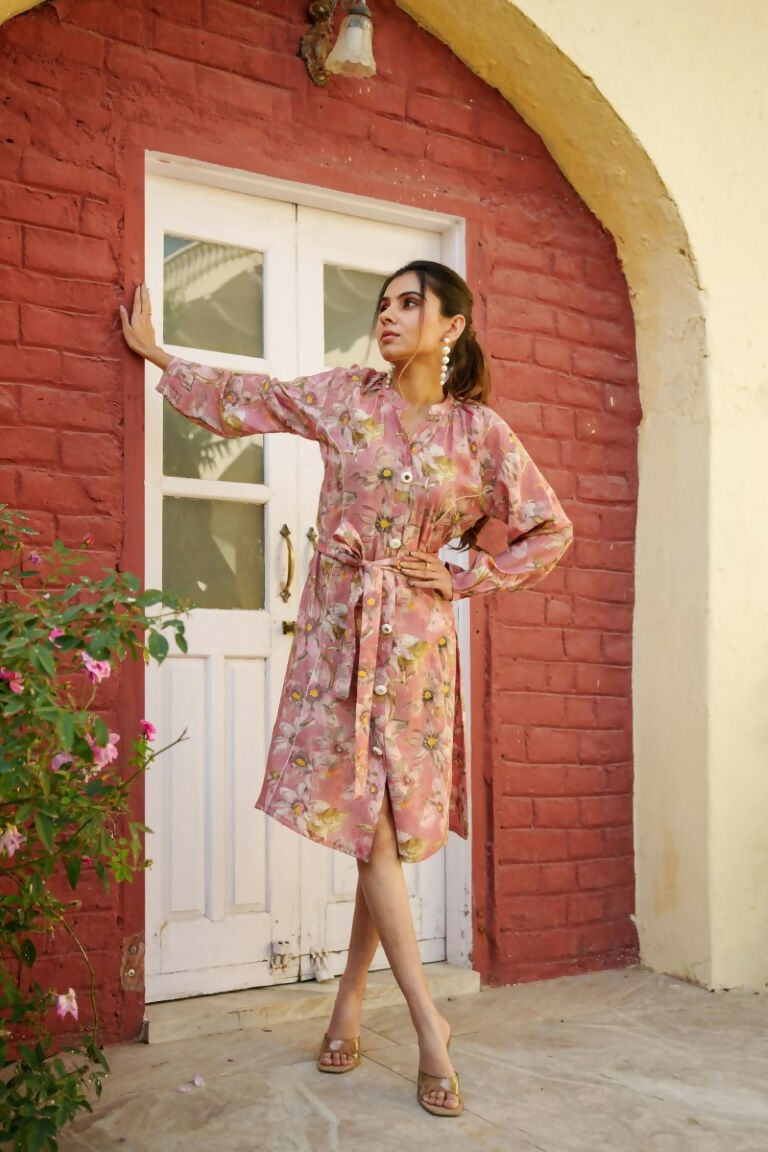Vaasva Women Pink Muslin Floral Printed Knee Length Dress | Grocsy