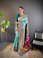 Elora Teal Blue Soft Silk Checked Zari Weaving Banarasi Saree | Grocsy