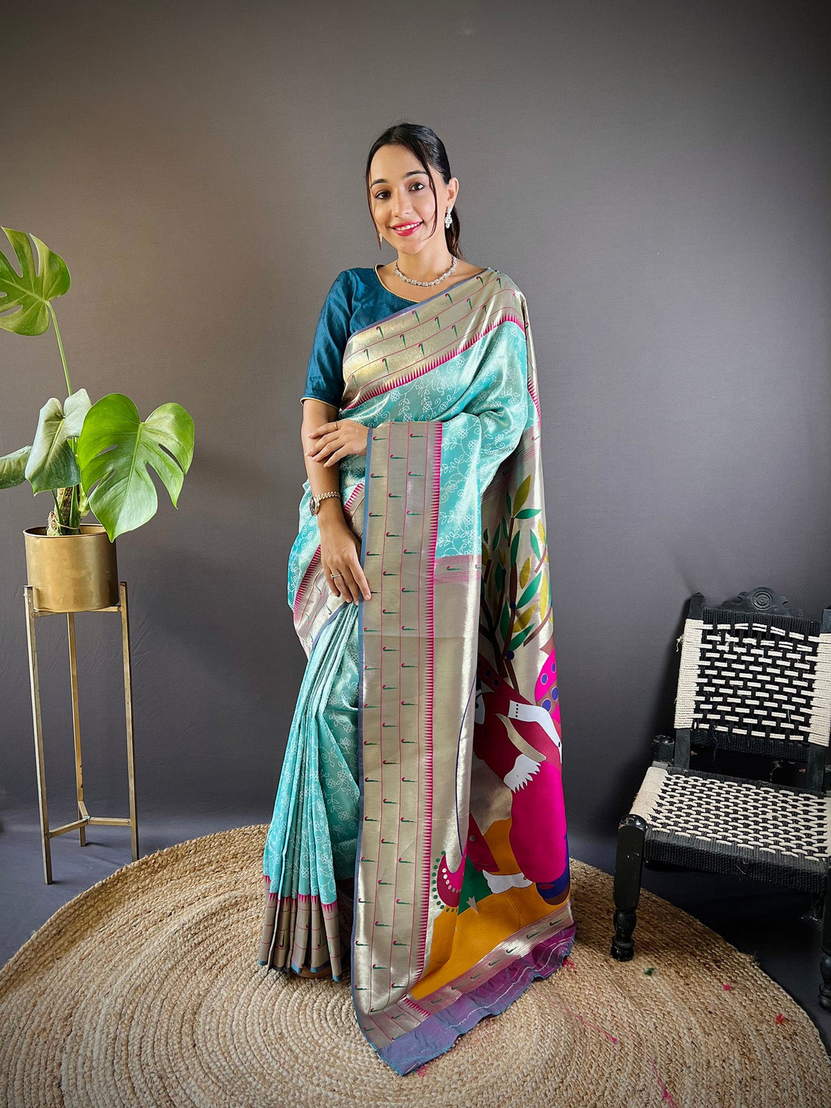 Elora Teal Blue Soft Silk Checked Zari Weaving Banarasi Saree | Grocsy