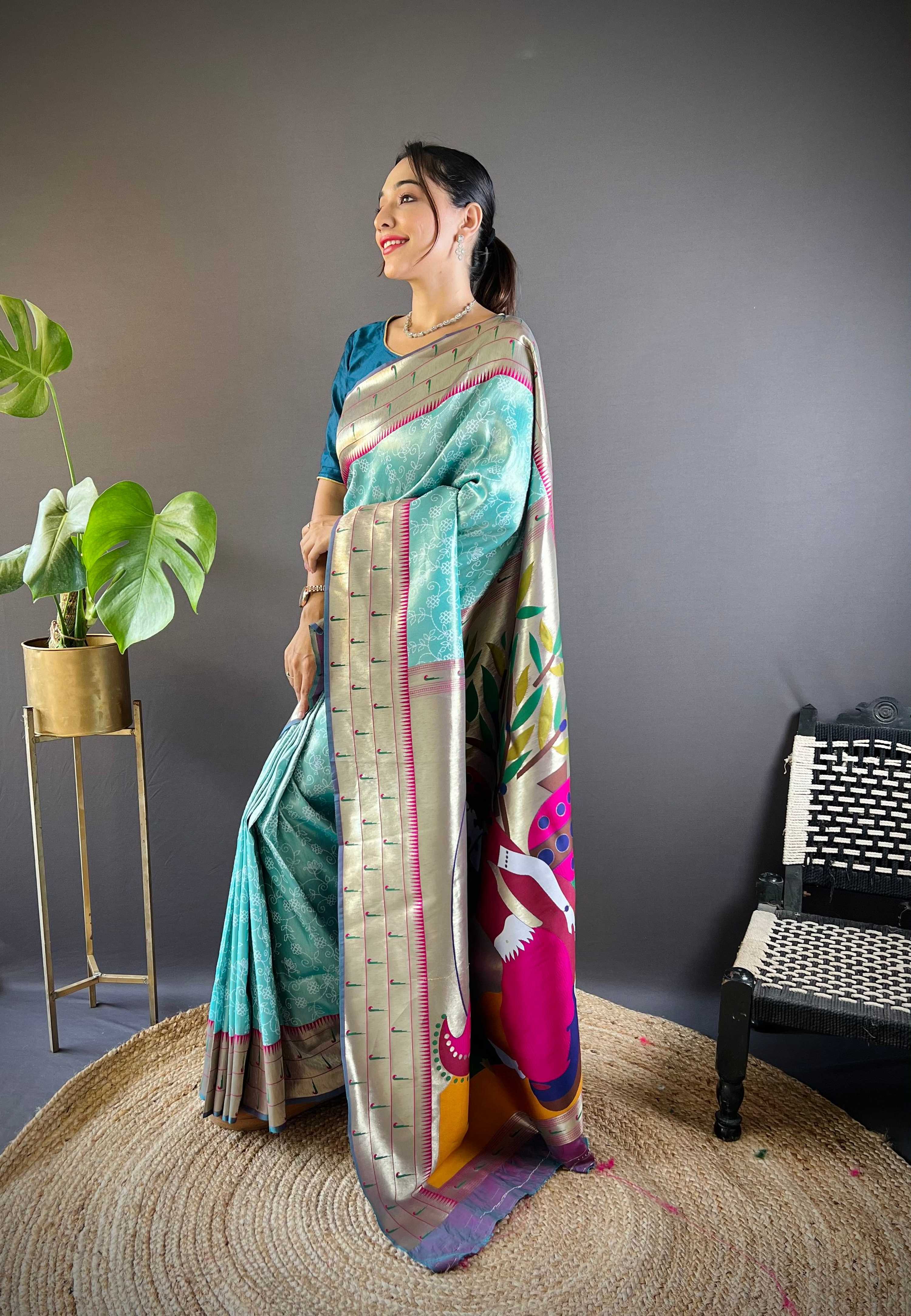 Elora Teal Blue Soft Silk Checked Zari Weaving Banarasi Saree | Grocsy