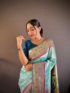 Elora Teal Blue Soft Silk Checked Zari Weaving Banarasi Saree | Grocsy