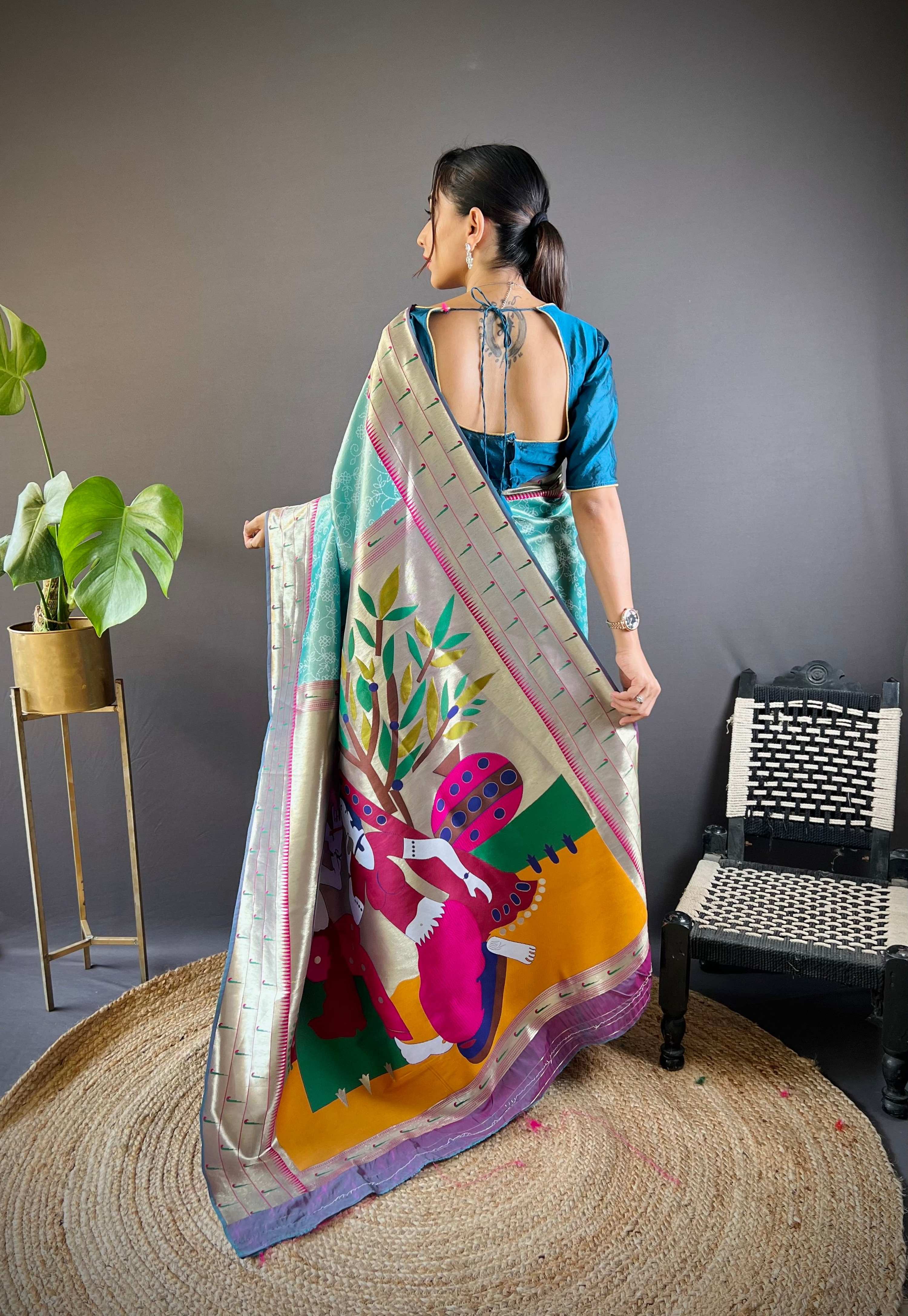 Elora Teal Blue Soft Silk Checked Zari Weaving Banarasi Saree | Grocsy