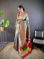 Elora Grey Soft Silk Checked Zari Weaving Banarasi Saree | Grocsy