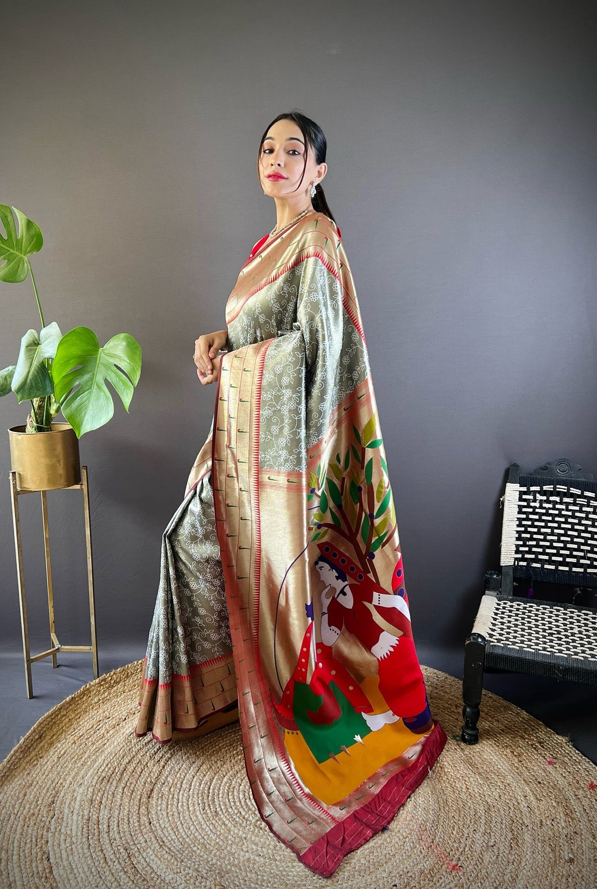 Elora Grey Soft Silk Checked Zari Weaving Banarasi Saree | Grocsy
