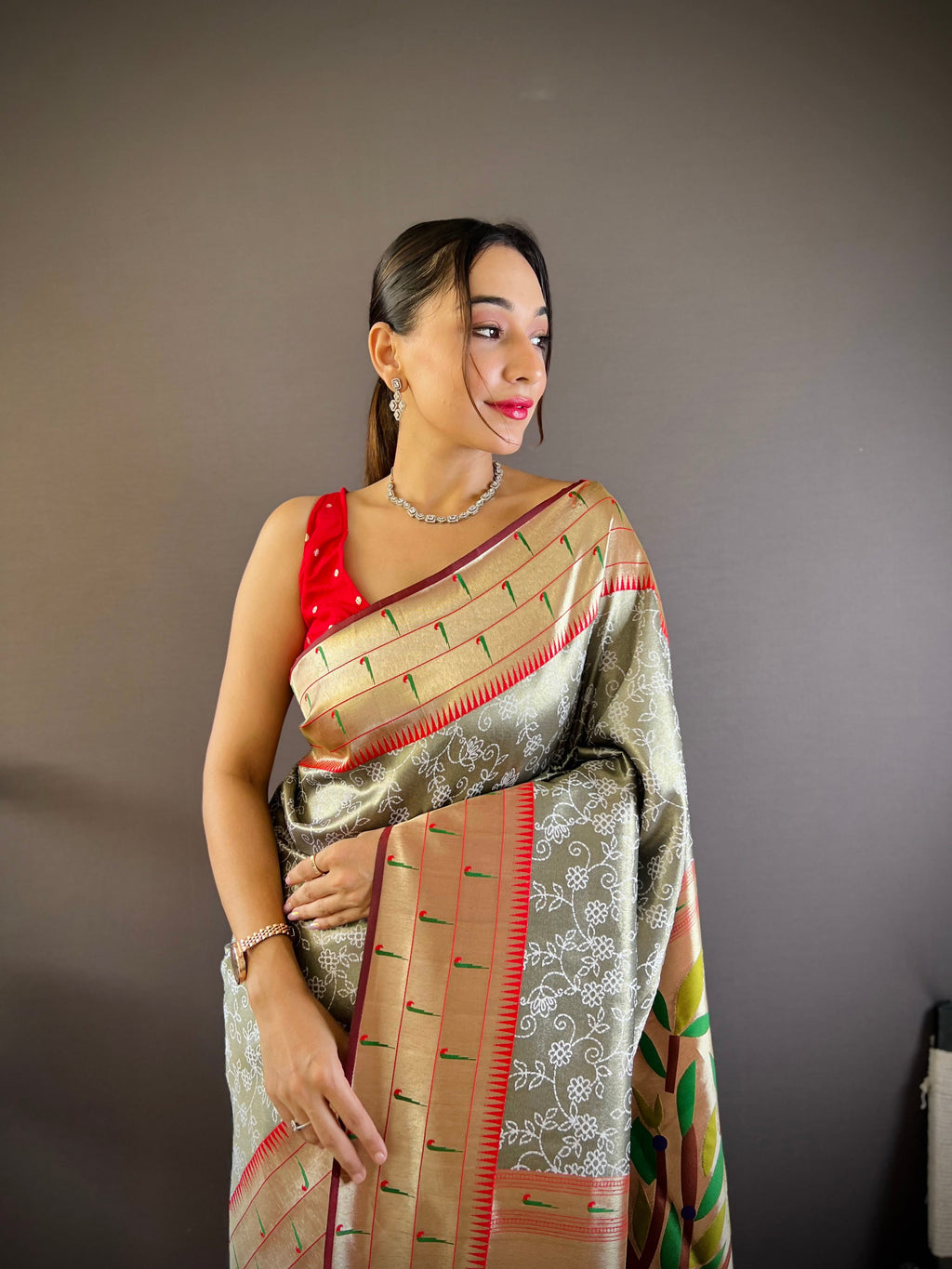 Elora Grey Soft Silk Checked Zari Weaving Banarasi Saree | Grocsy