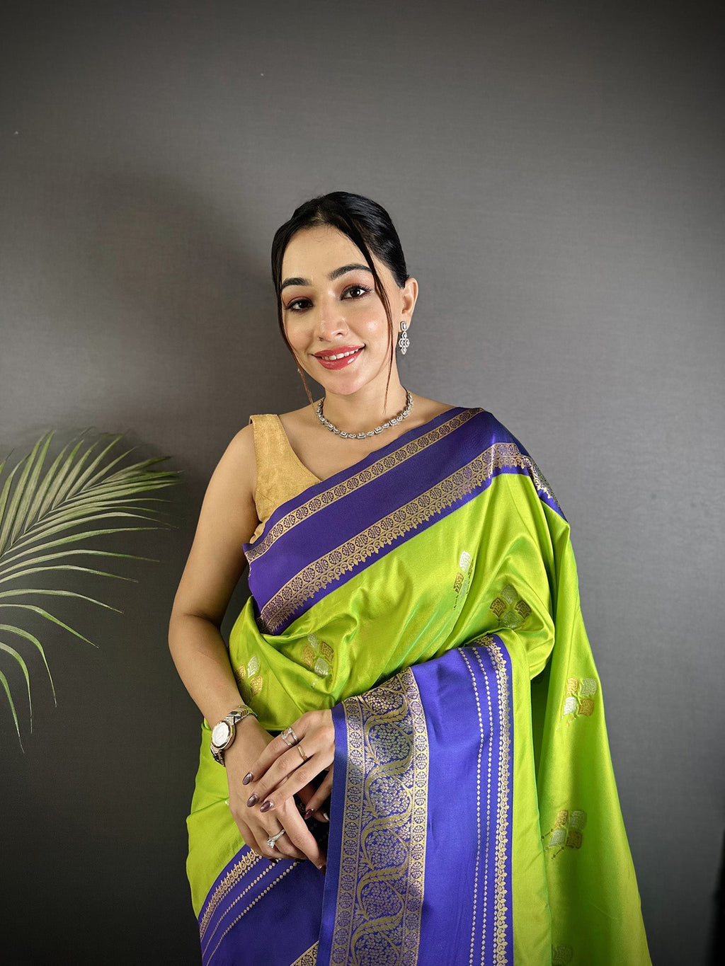 Elora Light Green Soft Silk Woven Dual Zari Work Banarasi Saree | Grocsy