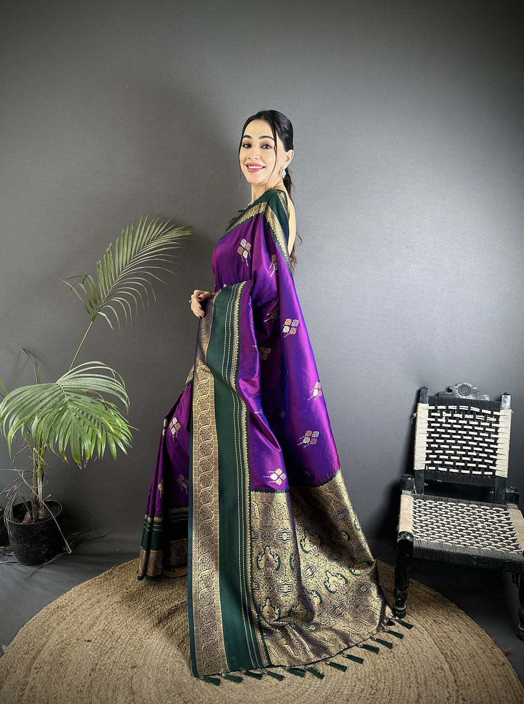 Elora Purple Soft Silk Woven Dual Zari Work Banarasi Saree | Grocsy