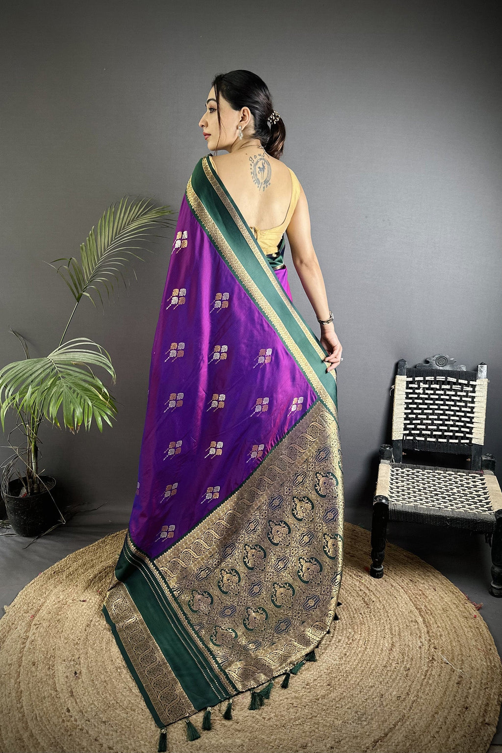 Elora Purple Soft Silk Woven Dual Zari Work Banarasi Saree | Grocsy