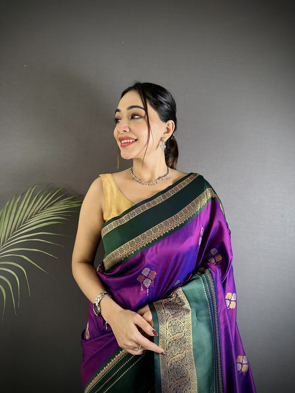 Elora Purple Soft Silk Woven Dual Zari Work Banarasi Saree | Grocsy