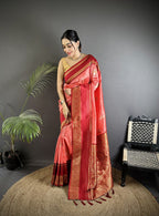 Elora Salmon Pink Soft Silk Woven Dual Zari Work Banarasi Saree | Grocsy