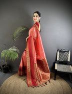 Elora Salmon Pink Soft Silk Woven Dual Zari Work Banarasi Saree | Grocsy