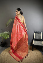 Elora Salmon Pink Soft Silk Woven Dual Zari Work Banarasi Saree | Grocsy