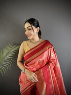 Elora Salmon Pink Soft Silk Woven Dual Zari Work Banarasi Saree | Grocsy