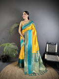 Elora Yellow Soft Silk Woven Dual Zari Work Banarasi Saree | Grocsy