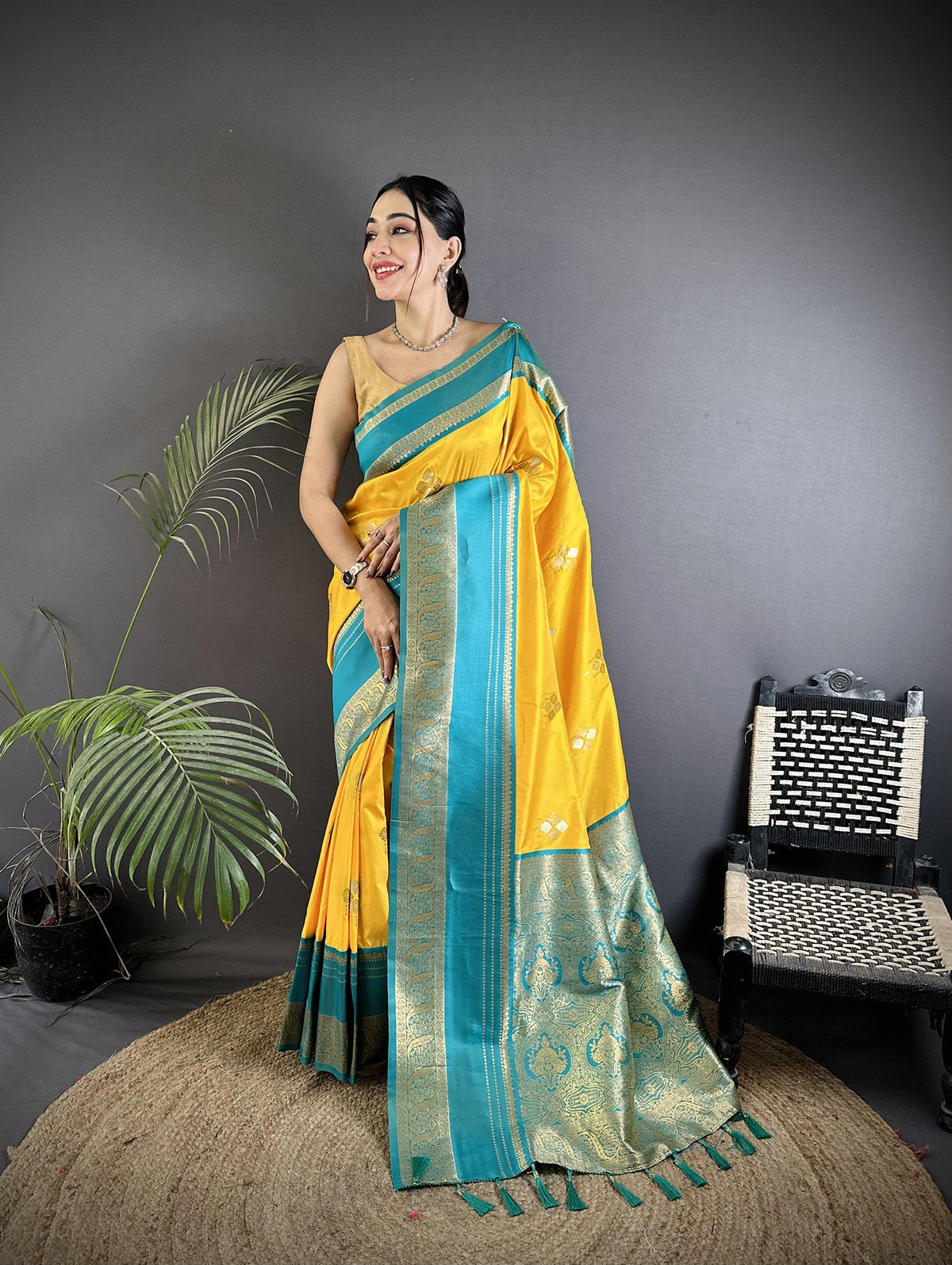 Elora Yellow Soft Silk Woven Dual Zari Work Banarasi Saree | Grocsy