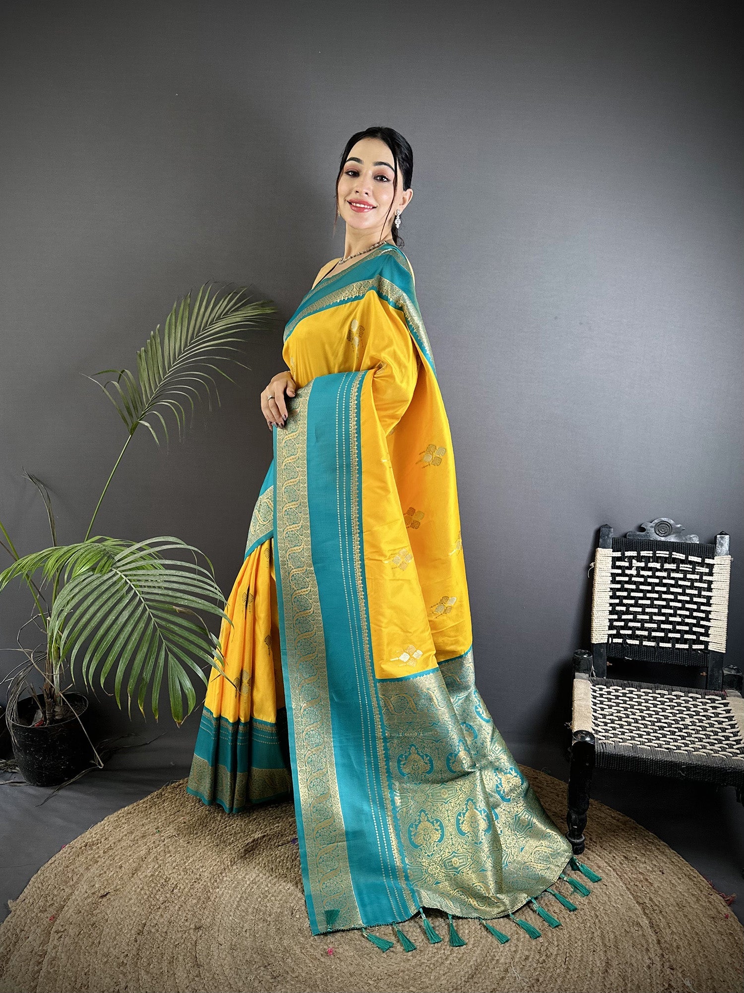 Elora Yellow Soft Silk Woven Dual Zari Work Banarasi Saree | Grocsy