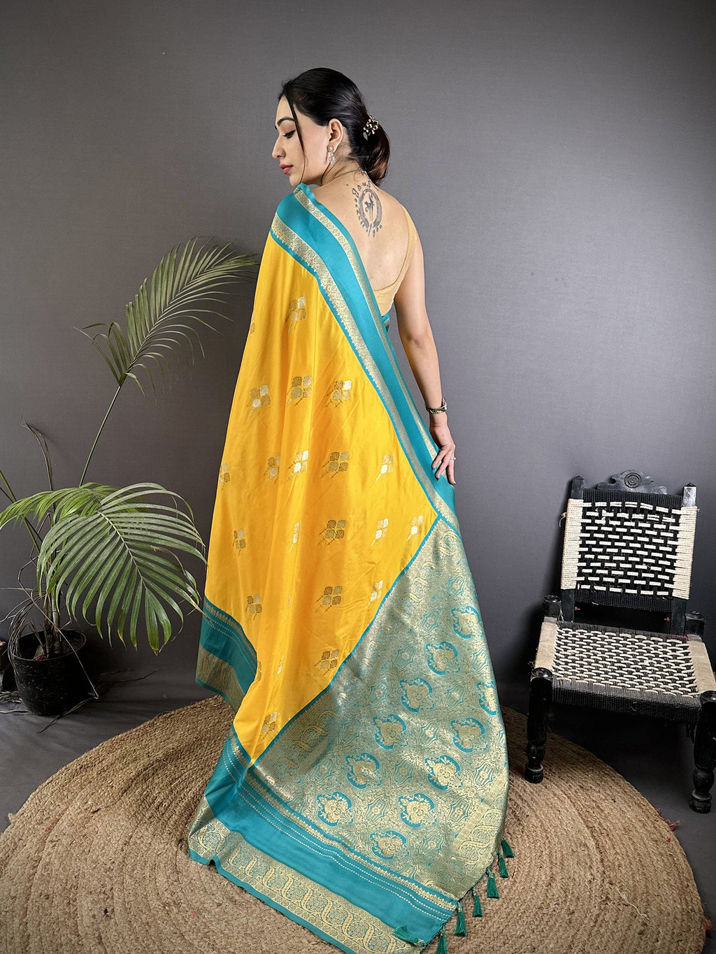 Elora Yellow Soft Silk Woven Dual Zari Work Banarasi Saree | Grocsy