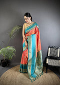 Elora Peach Soft Silk Woven Dual Zari Work Banarasi Saree | Grocsy