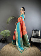 Elora Peach Soft Silk Woven Dual Zari Work Banarasi Saree | Grocsy