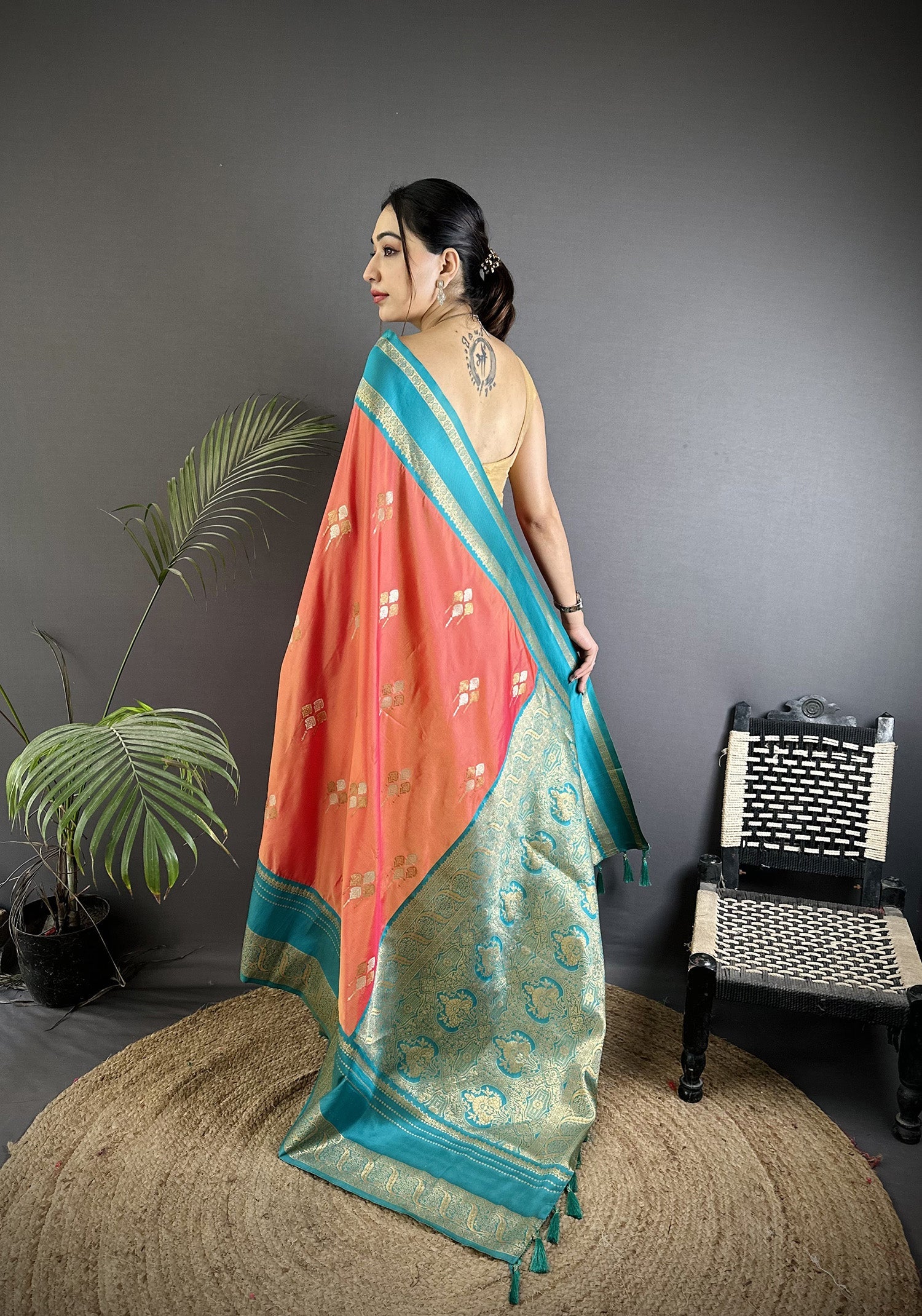 Elora Peach Soft Silk Woven Dual Zari Work Banarasi Saree | Grocsy