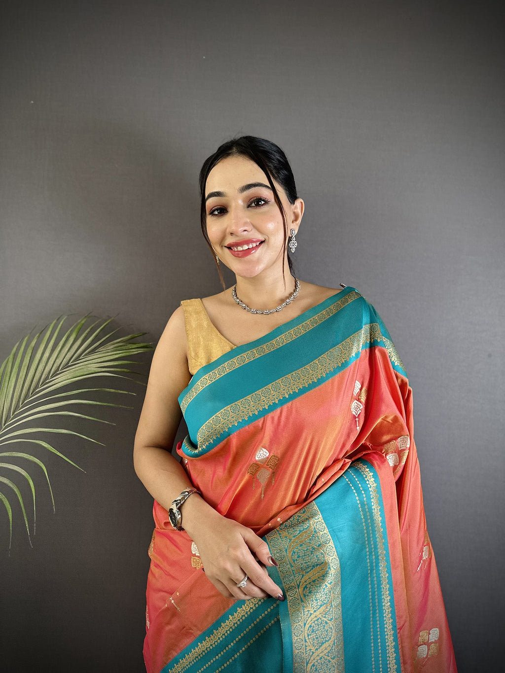 Elora Peach Soft Silk Woven Dual Zari Work Banarasi Saree | Grocsy