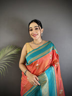 Elora Peach Soft Silk Woven Dual Zari Work Banarasi Saree | Grocsy
