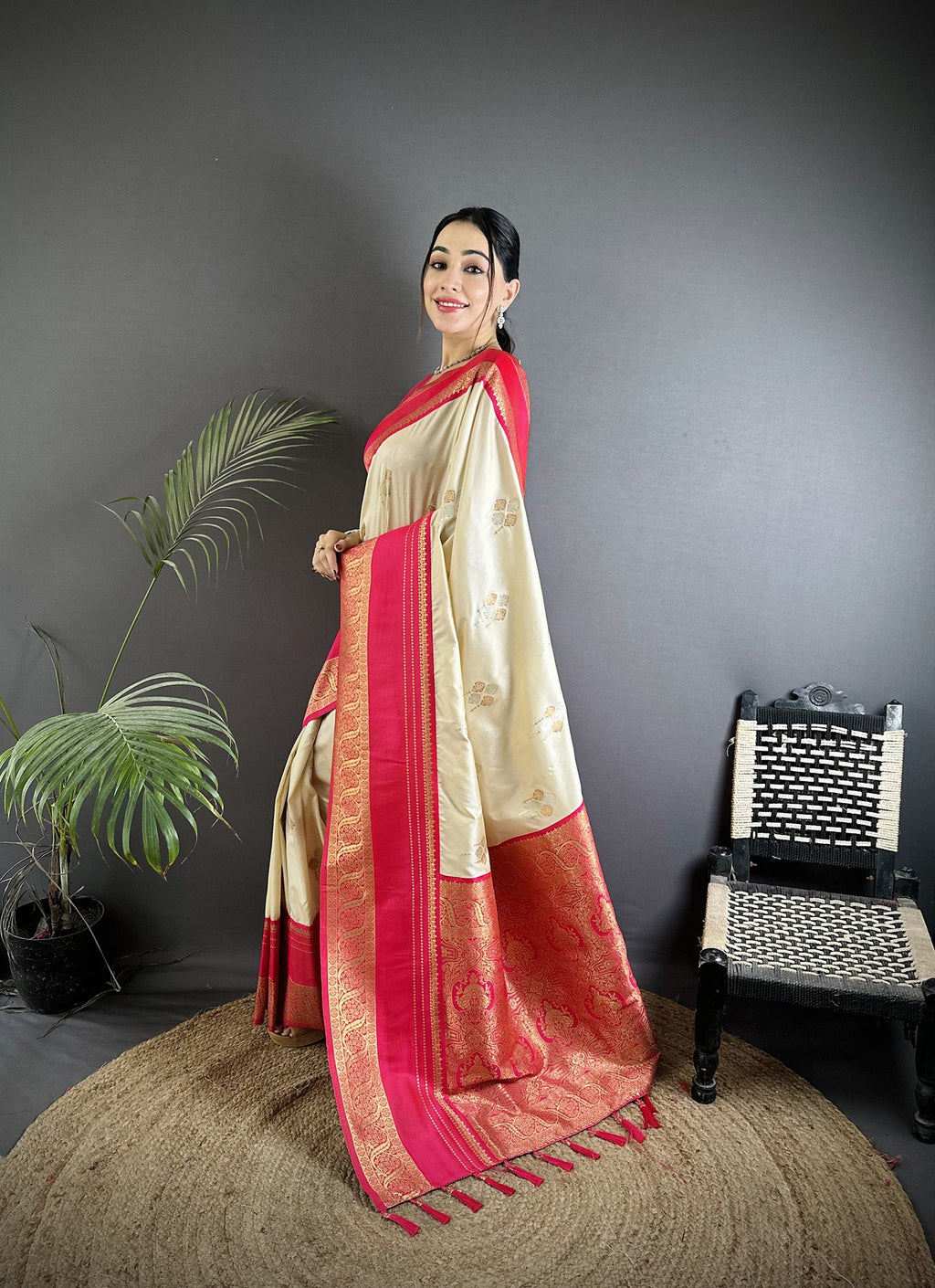 Elora Cream Soft Silk Woven Dual Zari Work Banarasi Saree | Grocsy