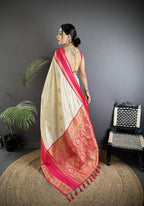 Elora Cream Soft Silk Woven Dual Zari Work Banarasi Saree | Grocsy