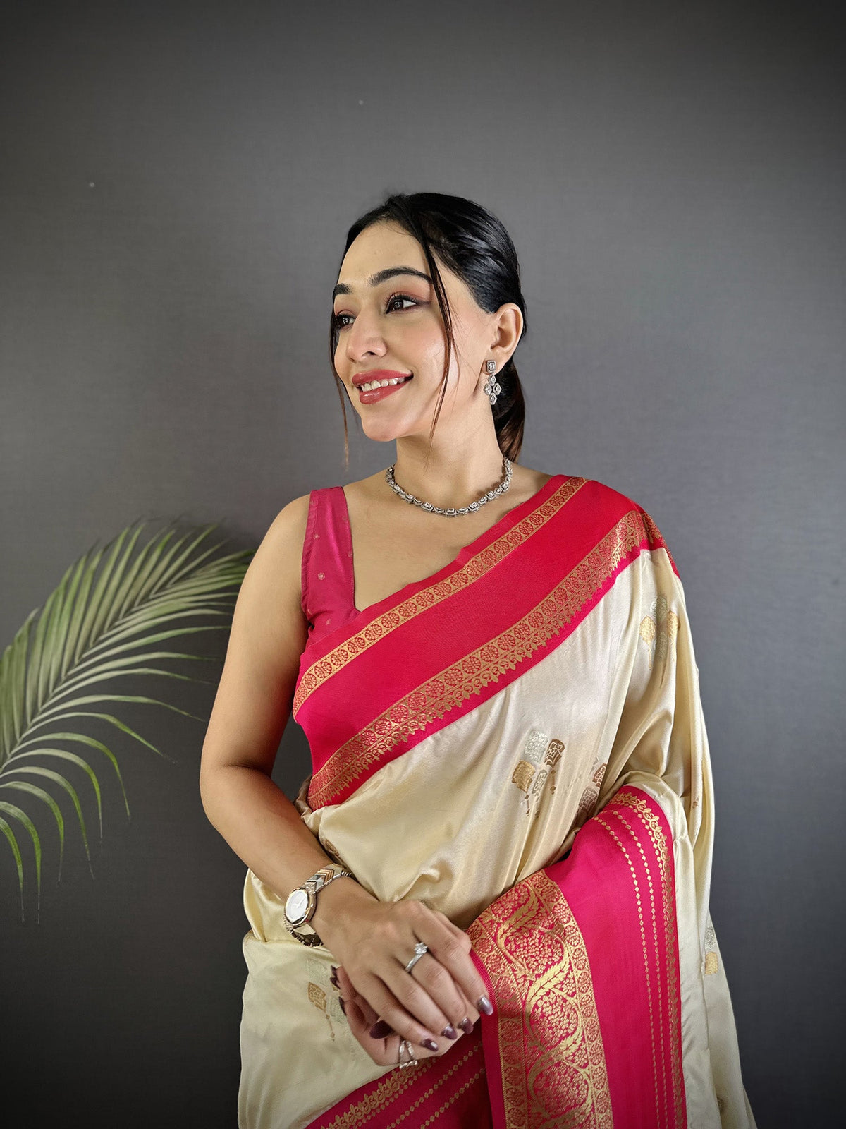 Elora Cream Soft Silk Woven Dual Zari Work Banarasi Saree | Grocsy