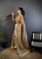Elora Mud Brown Organza Silk Handloom Banarasi Saree With Heavy Khatali Butta Work | Grocsy