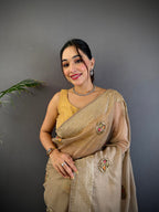 Elora Mud Brown Organza Silk Handloom Banarasi Saree With Heavy Khatali Butta Work | Grocsy