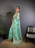 Elora Sky Blue Organza Silk Handloom Banarasi Saree With Heavy Khatali Butta Work | Grocsy
