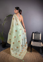 Elora Light Green Organza Silk Handloom Banarasi Saree With Heavy Khatali Butta Work | Grocsy