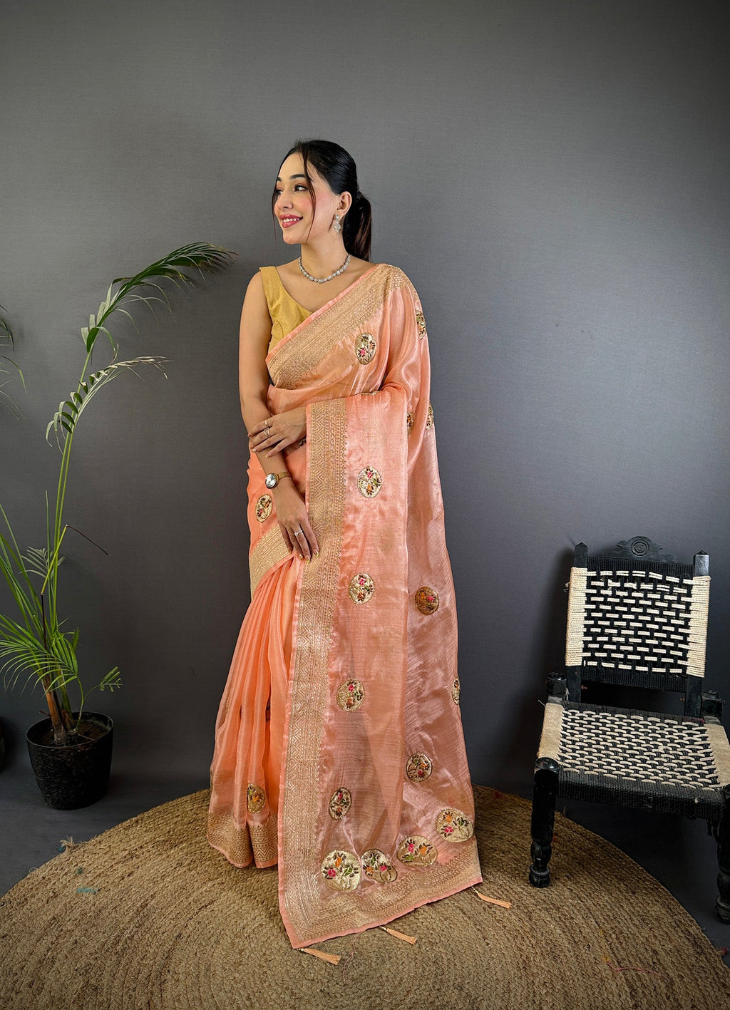 Elora Peach Organza Silk Handloom Banarasi Saree With Heavy Khatali Butta Work | Grocsy