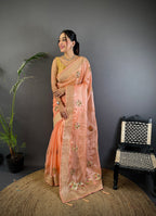 Elora Peach Organza Silk Handloom Banarasi Saree With Heavy Khatali Butta Work | Grocsy