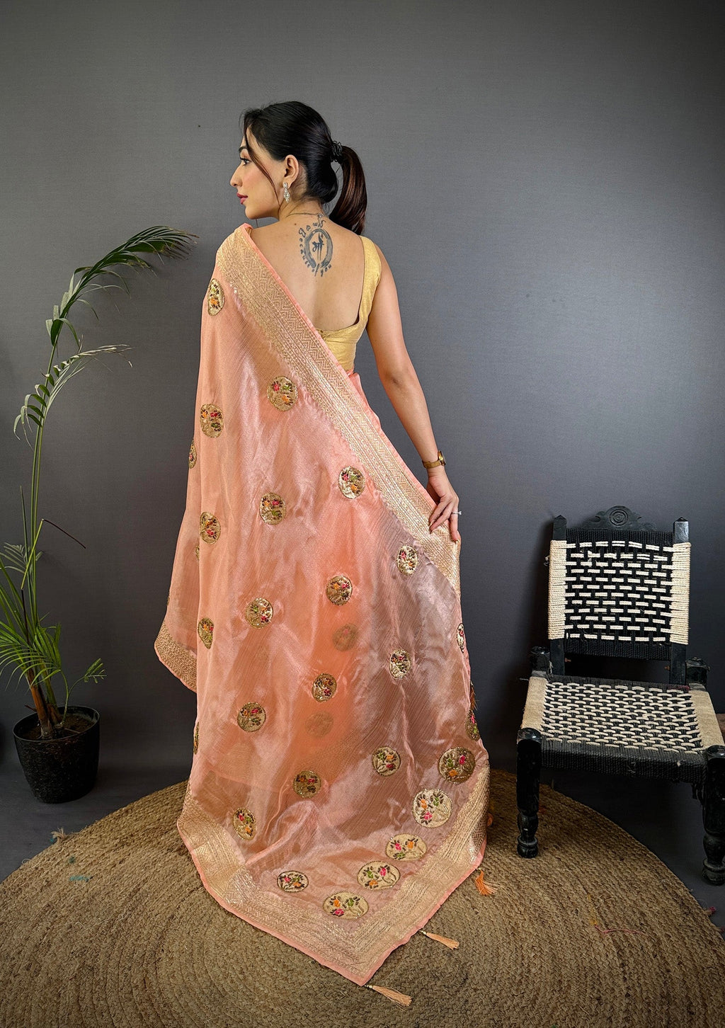 Elora Peach Organza Silk Handloom Banarasi Saree With Heavy Khatali Butta Work | Grocsy