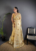 Elora Light Yellow Organza Silk Handloom Banarasi Saree With Heavy Khatali Butta Work | Grocsy