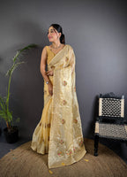 Elora Light Yellow Organza Silk Handloom Banarasi Saree With Heavy Khatali Butta Work | Grocsy