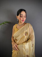 Elora Light Yellow Organza Silk Handloom Banarasi Saree With Heavy Khatali Butta Work | Grocsy