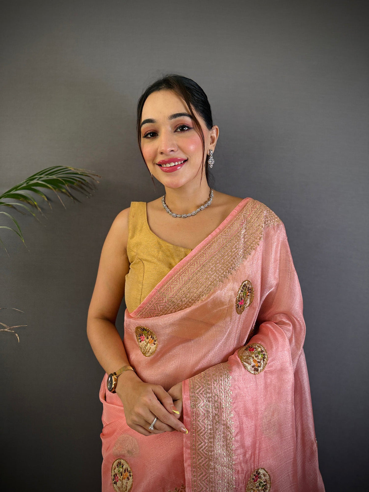 Elora Baby Pink Organza Silk Handloom Banarasi Saree With Heavy Khatali Butta Work | Grocsy