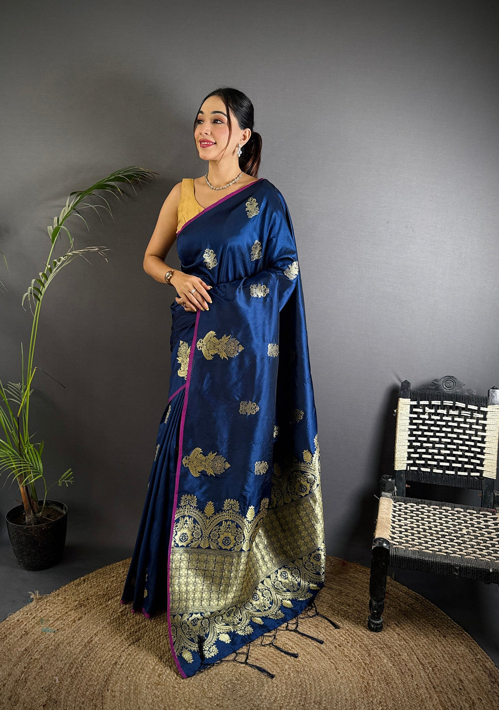 Elora Navy Blue Lichi Silk Golden Zari Meena Weaving Banarasi Saree | Grocsy