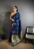 Elora Navy Blue Lichi Silk Golden Zari Meena Weaving Banarasi Saree | Grocsy