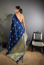 Elora Navy Blue Lichi Silk Golden Zari Meena Weaving Banarasi Saree | Grocsy