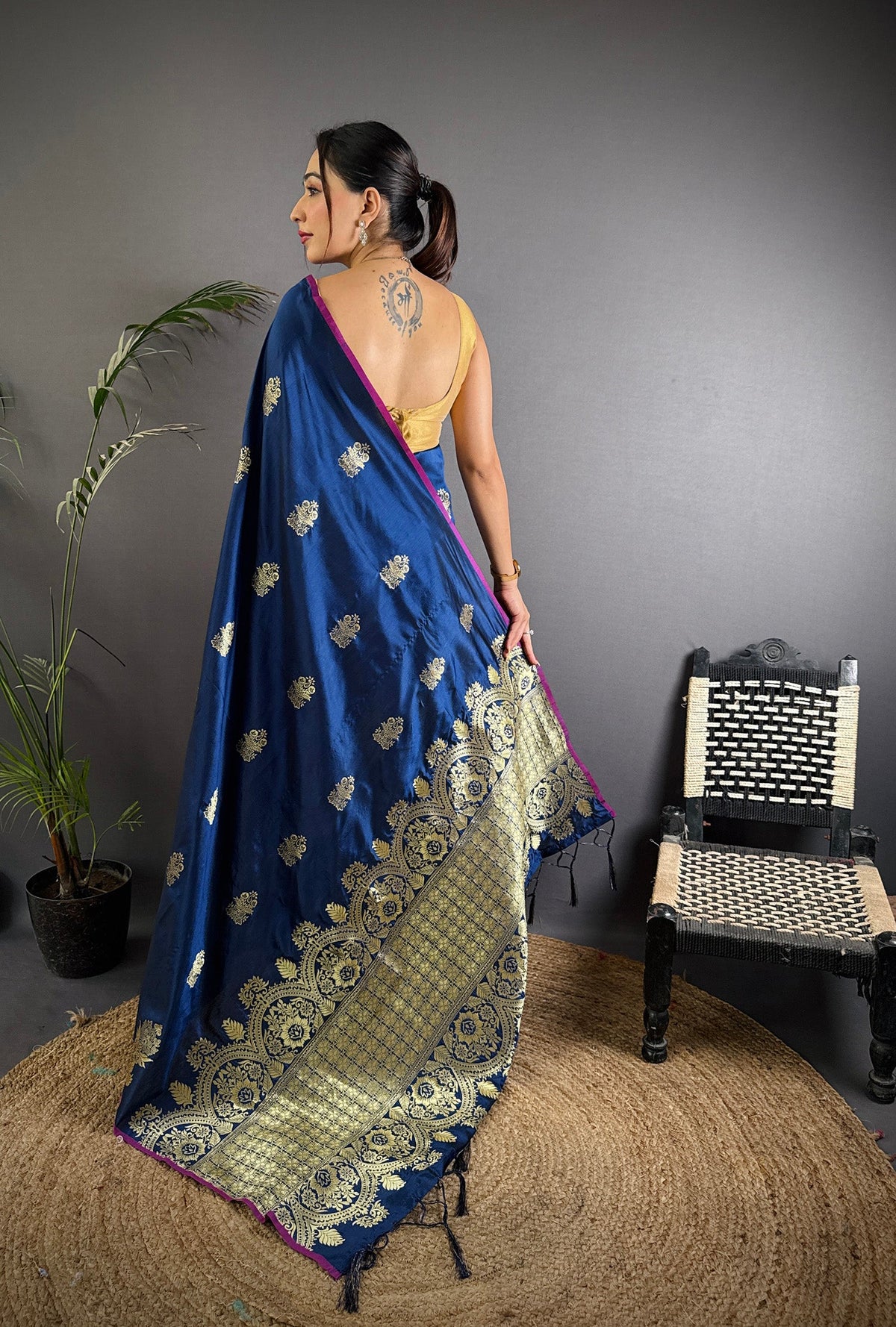 Elora Navy Blue Lichi Silk Golden Zari Meena Weaving Banarasi Saree | Grocsy