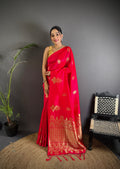 Elora Red Lichi Silk Golden Zari Meena Weaving Banarasi Saree | Grocsy