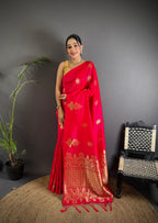Elora Red Lichi Silk Golden Zari Meena Weaving Banarasi Saree | Grocsy